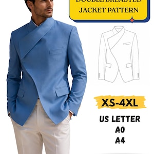 Puede incluir: Un patrón de costura para chaqueta cruzada con cuello alto, que incluye una chaqueta azul sobre un modelo, un dibujo técnico de líneas y texto que dice DOUBLE BREASTED JACKET PATTERN, XS-4XL, US LETTER, A0, A4 y PRINTABLE PDF.