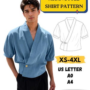 Puede incluir: Una camisa azul estilo cruzado con mangas cortas y un botón. La imagen incluye un dibujo técnico, el texto ASIAN STYLE SHIRT PATTERN, XS-4XL, US LETTER, A0, A4 y PRINTABLE PDF sobre un fondo blanco para este patrón de costura.
