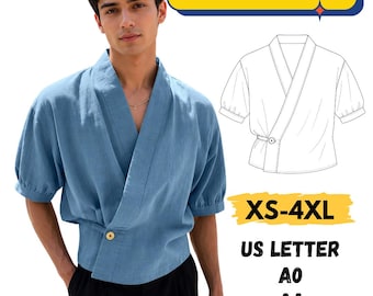 Relaxed Fit  Shirt Pattern, Asian Style Shirt Sewing Pattern, Short Sleeve Kimono Pattern, V Neck Wrap Shirt Pattern