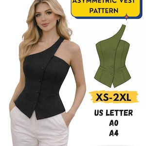 May include: A woman wearing a black, asymmetrical vest with a button closure and a single shoulder strap. The image includes a diagram of the vest and text that reads "ASYMMETRIC VEST PATTERN", "XS-2XL", "US LETTER", "A0", "A4", and "PRINTABLE PDF".