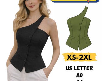 Asymmetrische top met naaipatroon knopen, naaipatroon topje één schouder, XS-2XL (pdf-patroon)
