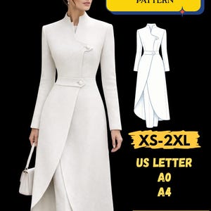 May include: A woman wearing a white asymmetric blazer and matching pants. The blazer has a unique wrap design with a high collar and button details. The image also includes a pattern diagram and text that reads "ASYMMETRIC BLAZER PATTERN" and "XS-2XL".