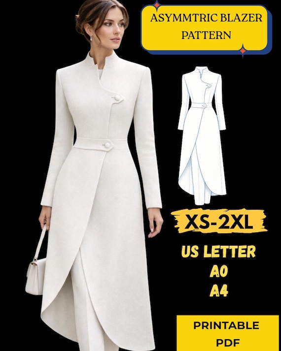 Asymmetric Top Sewing Pattern, Women Long Coat Pattern (XS-2XL)