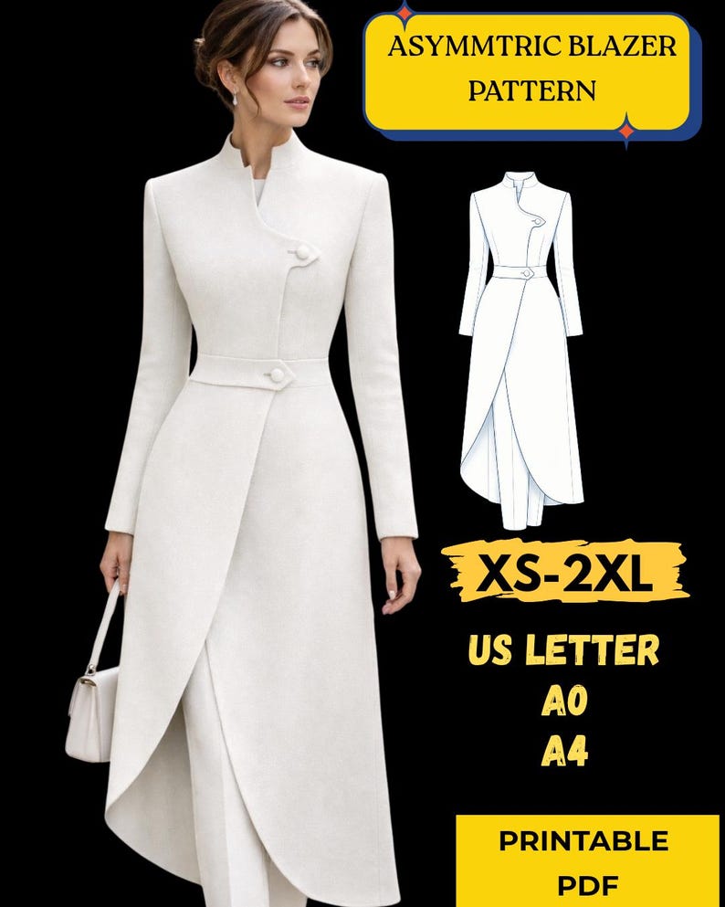 May include: A woman wearing a white asymmetric blazer and matching pants. The blazer has a unique wrap design with a high collar and button details. The image also includes a pattern diagram and text that reads "ASYMMETRIC BLAZER PATTERN" and "XS-2XL".