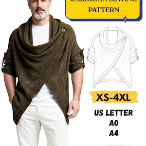 May include: A sewing pattern for a cardigan featuring a draped cowl neckline, a single button closure, and short sleeves with button tabs. The image includes a technical line drawing, the text CARDIGAN SEWING PATTERN, XS-4XL, US LETTER, A0, A4, and PRINTABLE PDF.