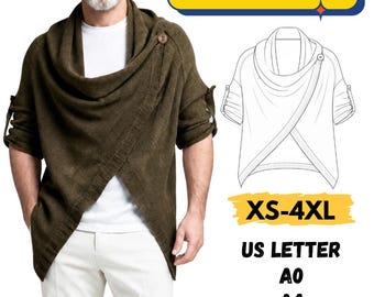Men Cardigan Sewing Pattern, Cowl Neck Cardigan Pattern, Avant Garde Shawl Collar Cardigan Pattern,