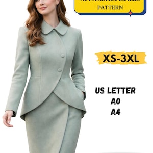 May include: A woman wearing a light green asymmetric blazer and skirt. The blazer has a unique wrap design with two buttons. Text on the image reads "ASYMMETRIC BLAZER PATTERN", "XS-3XL", "US LETTER", "A0", "A4", and "PRINTABLE PDF".