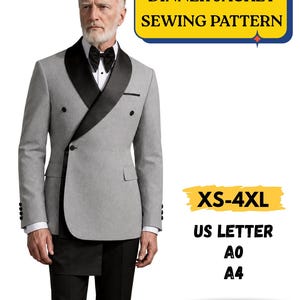 Può includere: Un cartamodello per giacca da smoking grigia a doppio petto con collo a scialle nero, bottoni neri, camicia bianca e papillon nero. Il testo recita DINNER JACKET SEWING PATTERN, XS-4XL, US LETTER, A0, A4 e PRINTABLE PDF.