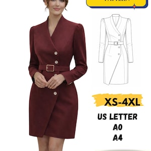 Modello di cucito per abito blazer asimmetrico, modello di cucito per abito da ufficio, XS-4XL (download PDF)