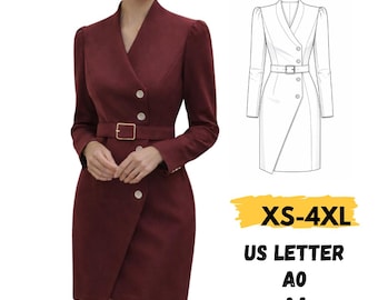 Naaipatroon asymmetrische blazerjurk, naaipatroon kantoorjurk, XS-4XL (pdf-download)