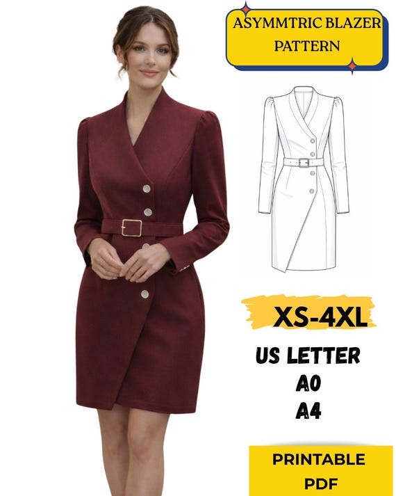 Asymmetrical Blazer Dress Sewing Pattern, Office dress Sewing Pattern, XS-4XL (PDF Download) Asymmetrical Blazer Dress Sewing Pattern, Office dress Sewing Pattern, XS-4XL (PDF Download)