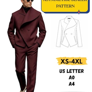 May include: A burgundy asymmetric blazer and matching pants suit. The blazer features a unique wrap-style design with a double-breasted closure. The image also includes a pattern diagram and text that reads "Asymmetric Blazer Pattern" and "Printable PDF".