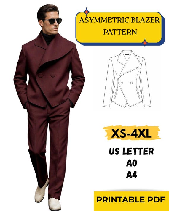 Fashion Jacket Sewing Pattern, Asymmetric Jacket Pattern, Men Blazer Jacket pdf download