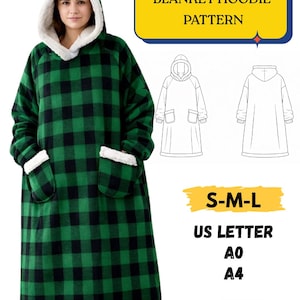 May include: A green and black plaid blanket hoodie with a white faux fur trim on the hood, cuffs, and hem. The image includes a diagram of the blanket hoodie and text that reads "BLANKET HOODIE PATTERN" and "PRINTABLE PDF".