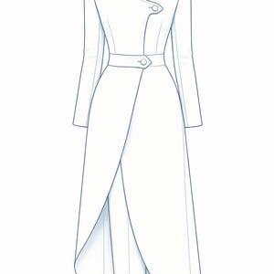 May include: A white, long-sleeved dress with a high collar and wrap-style skirt. The dress features a belt at the waist and a button closure on the bodice. The design is a line drawing.