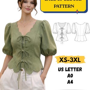 Patrón de blusa con cordones, patrón de blusa vintage, patrón de blusa de manga corta, patrón de blusa con mangas abullonadas, descarga instantánea