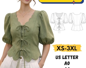 Blousepatroon met veters, vintage blousepatroon, blousepatroon met korte mouwen, toppatroon met ballonmouwen, instant download