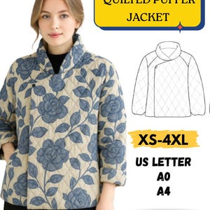 Peut inclure: Veste matelassée à motif floral bleu et beige. La veste présente un col montant et un motif matelassé en losanges. L'image comprend un schéma et le texte "Quilted Puffer Jacket" et "XS-4XL".