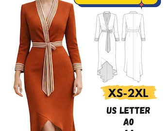 Naaipatroon trouwgastjurk, zakelijk casual jurkpatroon, pdf met lange bovenkant