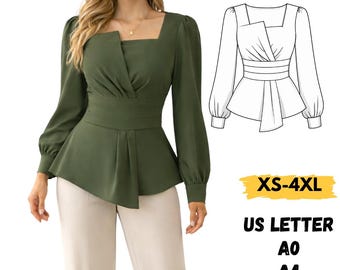 Naaipatroon peplumtop, patroon kantoortop, asymmetrische halstop,