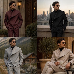 May include: Four-panel image showcasing a man in various suits. The suits are in burgundy, black, gray, and beige. Each suit features a unique, double-breasted design with a shawl collar. The man is wearing a black turtleneck and sunglasses in each image.