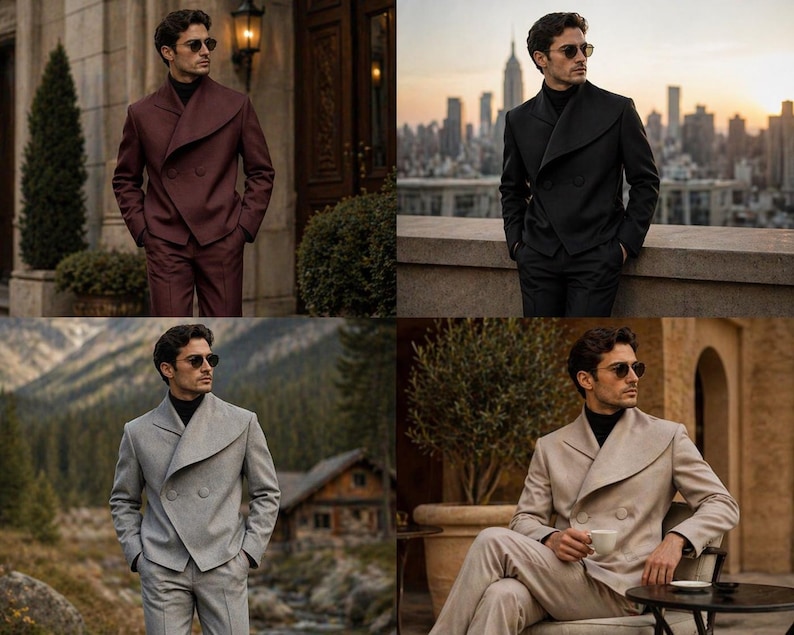 May include: Four-panel image showcasing a man in various suits. The suits are in burgundy, black, gray, and beige. Each suit features a unique, double-breasted design with a shawl collar. The man is wearing a black turtleneck and sunglasses in each image.