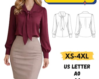 Naaipatroon top met strikceintuur, blouse met strikkraag, naaipatroon blouse met kraag