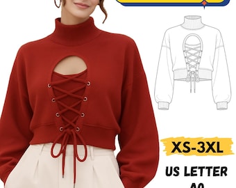 Naaipatroon sweater met opstaande kraag, naaipatroon cropped top, sweaterpatroon dames, pdf, XS tot 3XL