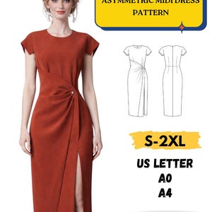 Può includere: Un abito midi asimmetrico color ruggine con spacco laterale e parte anteriore drappeggiata. L'immagine include un diagramma del modello e il testo "ASYMMETRIC MIDI DRESS PATTERN", "S-2XL", "US LETTER", "A0", "A4" e "PRINTABLE PDF".