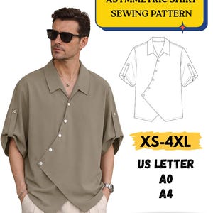 Può includere: Un cartamodello per camicia asimmetrica in formato PDF stampabile. Il design mostra una camicia a maniche corte con chiusura a bottoni diagonale e colletto. Il testo include ASYMMETRIC SHIRT SEWING PATTERN, XS-4XL, US LETTER, A0, A4 e PRINTABLE PDF.