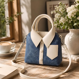 May include: A structured handbag designed to resemble a collared shirt, featuring a dark blue denim-textured body with a cream-colored collar, front placket with three round buttons, a single chest pocket, and a matching cream-colored shoulder strap.