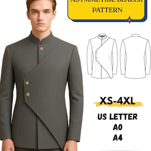 Op de afbeelding: Een grijze asymmetrische blazer met een opstaande kraag en gouden knopen. De afbeelding bevat een patroondiagram en de tekst "Asymmetric Blazer Pattern", "XS-4XL", "US Letter", "A0", "A4" en "Printable PDF".