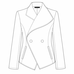 May include: A black and white line drawing of a blazer. The blazer has a notched lapel, two buttons, and two pockets. The design is asymmetrical with a wrap-style front.