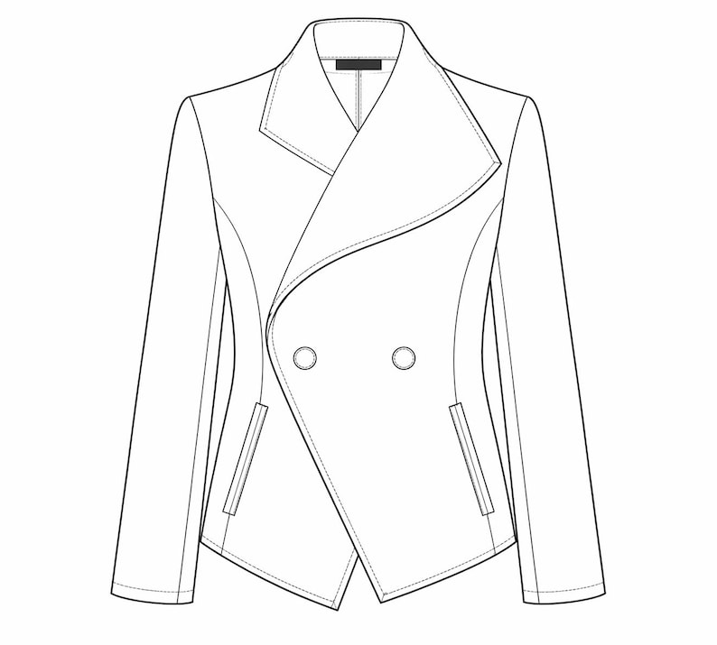 May include: A black and white line drawing of a blazer. The blazer has a notched lapel, two buttons, and two pockets. The design is asymmetrical with a wrap-style front.