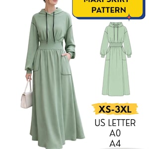 Può includere: Un modello di gonna lunga verde chiaro con un top con cappuccio e maniche lunghe. Il modello include un diagramma e il testo "MAXI SKIRT PATTERN" e "XS-3XL". Il modello è disponibile nei formati US Letter, A0 e A4 come PDF stampabile.