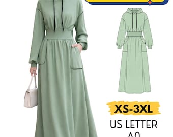 Maxi-naaipatroon met capuchon, naaipatroon lange bovenkant, lang maxi-jurkpatroon met mouwen