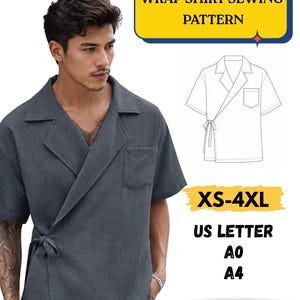 Peut inclure: Une chemise portefeuille gris anthracite à manches courtes avec un col à revers et une fermeture à nouer sur le côté. L'image inclut un dessin technique de la chemise, le texte WRAP SHIRT SEWING PATTERN, XS-4XL, US LETTER, A0, A4, PRINTABLE PDF.