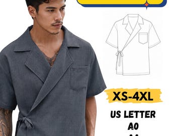 Kimono Wrap Shirt Men Sewing Pattern, Asymmetrical Wrap Shirt Pattern, Camp Collar Shirt Pattern
