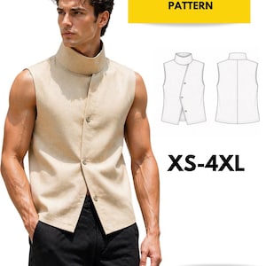 Può includere: Un gilet asimmetrico beige con collo alto e chiusura con bottoni è mostrato. L'immagine include un diagramma del gilet e il testo "ASYMMETRIC VEST PATTERN", "XS-4XL" e "PRINTABLE PDF".
