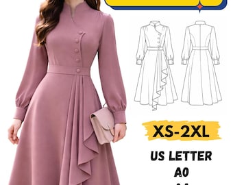 Naaipatroon jurk geplooide taille, naaipatroon tuinfeestjurk, wikkeljurk ruche zoom, pdf