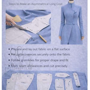 Asymmetric Top Sewing Pattern, Women Long Coat Pattern (XS-2XL) image 3