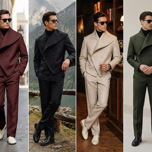 May include: Four suits in different colors: burgundy, black, beige, and dark green. Each suit features a double-breasted jacket with a unique, asymmetrical lapel design and matching trousers. The models are wearing black turtlenecks and sunglasses, with white or black shoes.