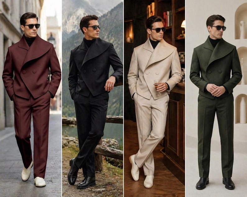 May include: Four suits in different colors: burgundy, black, beige, and dark green. Each suit features a double-breasted jacket with a unique, asymmetrical lapel design and matching trousers. The models are wearing black turtlenecks and sunglasses, with white or black shoes.