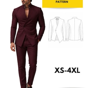 Puede incluir: Un blazer arquitectónico burdeos y pantalones a juego. El blazer tiene un diseño asimétrico único y un cuello alto. La imagen también incluye un diagrama del patrón del blazer y el texto "XS-4XL" y "PRINTABLE PDF".
