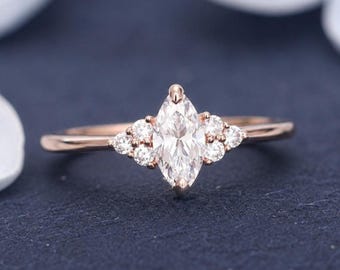 Marquise Moissanite Engagement Ring, Solid 14K Gold Vintage Bridal Ring