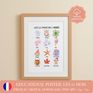 May include: A framed educational poster featuring the text "LES 12 MOIS DE L'ANNÉE" and illustrations representing the months of the year. The poster includes images of a snowman, teddy bear, four-leaf clover, flowers, butterflies, ice cream, watermelon, starfish, backpack, pumpkin, maple leaf, and gingerbread man.