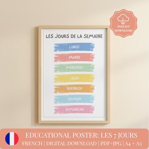 May include: Framed educational poster with the text "LES JOURS DE LA SEMAINE" and the days of the week in French. Each day is written on a colorful horizontal brushstroke. The poster is a digital download.