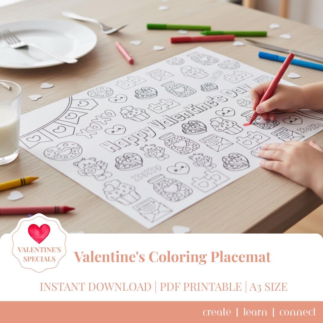 Valentine’s Day Coloring Placemat for Kids | A3 Printable Activity Mat ...