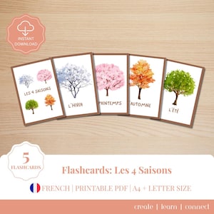 May include: Set of five flashcards featuring watercolor illustrations of trees representing the four seasons: winter, spring, summer, and autumn. Each card has a brown border and the season's name in French. The set includes the text "Flashcards: Les 4 Saisons".