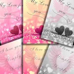 May include: A collection of romantic greeting cards with the phrases "My Love for you..." and "I love you Simply Deeply Unconditionally." The cards feature heart and angel wing designs in pink, red, and gray tones.